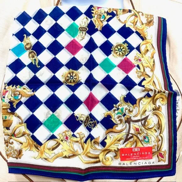 New Balanciaga handkerchief 18 cotton white green red checker gold decorate(97